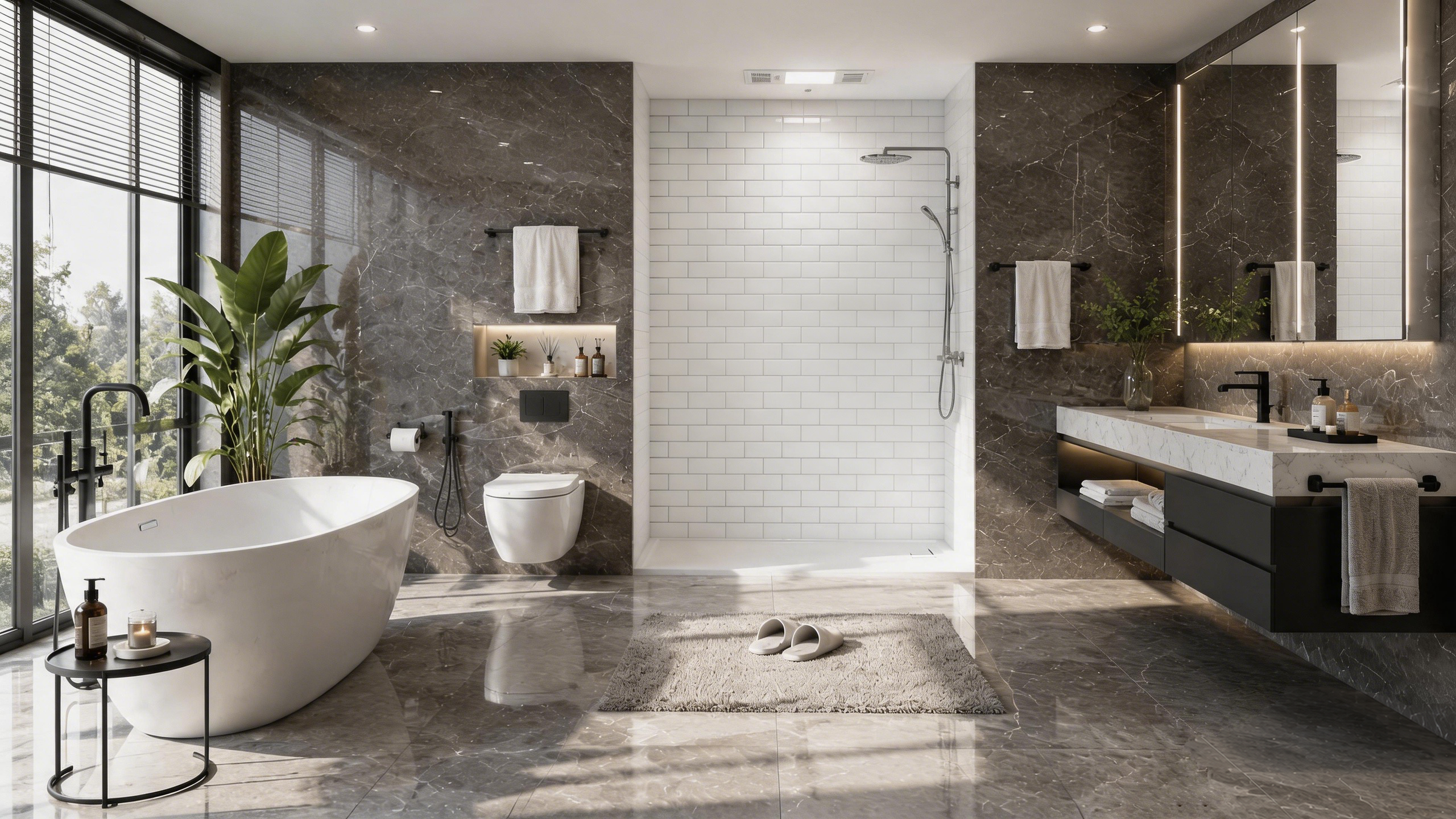 Modern bathroom featuring Kostone shower wall panels and shower base for multifamily residential projects